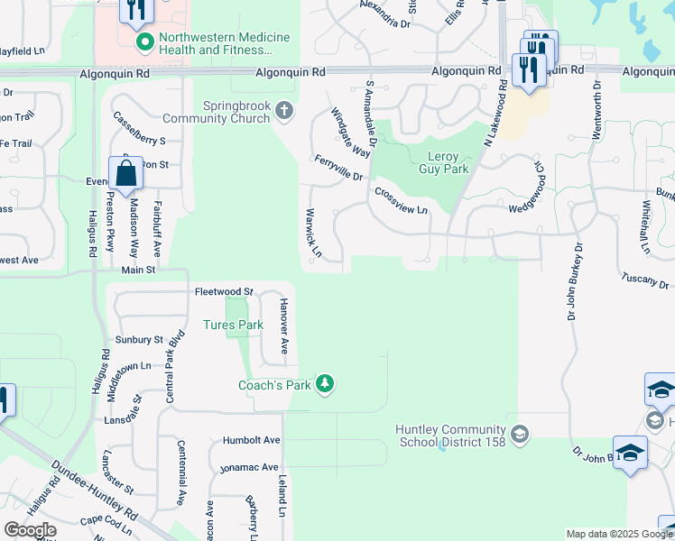 map of restaurants, bars, coffee shops, grocery stores, and more near 371 Warwick Lane in Lake in the Hills