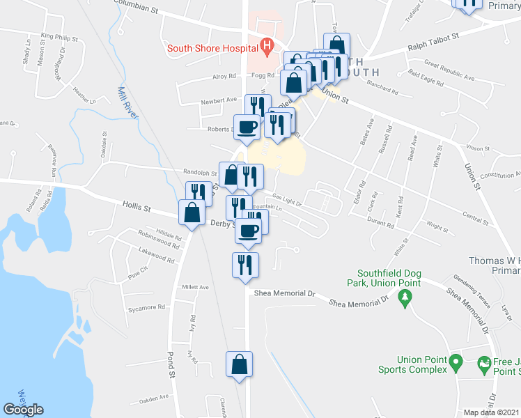 map of restaurants, bars, coffee shops, grocery stores, and more near 1068 Main Street in Weymouth