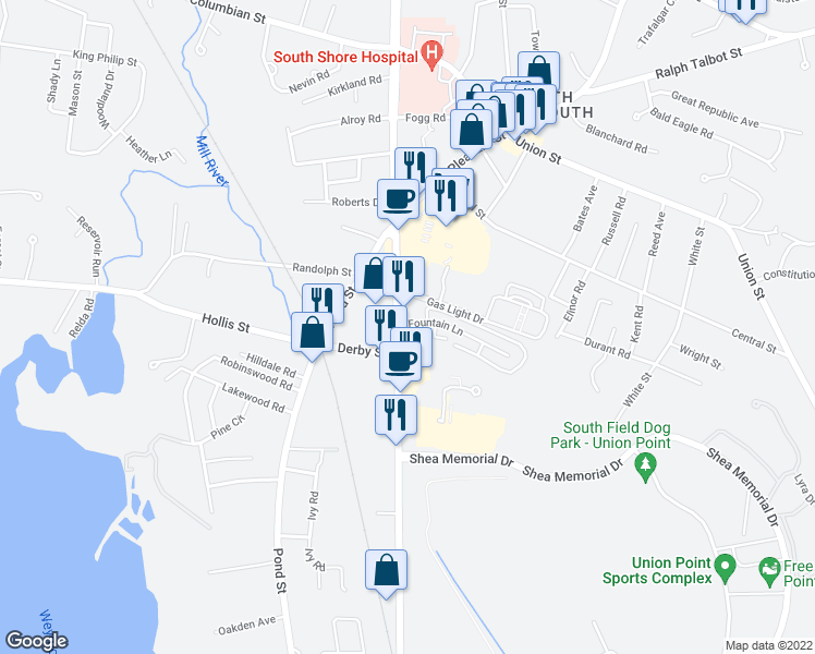 map of restaurants, bars, coffee shops, grocery stores, and more near 1068 Main Street in Weymouth