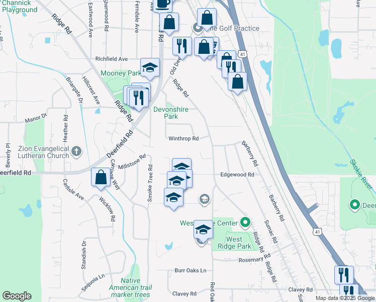 map of restaurants, bars, coffee shops, grocery stores, and more near 870 Woodbine Road in Highland Park