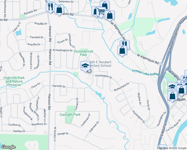 map of restaurants, bars, coffee shops, grocery stores, and more near 410 Shagbark Court in Algonquin