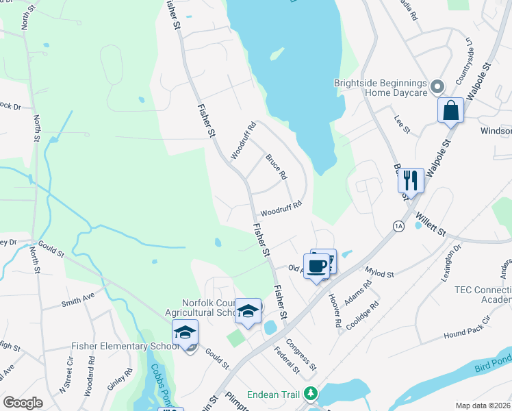 map of restaurants, bars, coffee shops, grocery stores, and more near 156 Fisher Street in Walpole