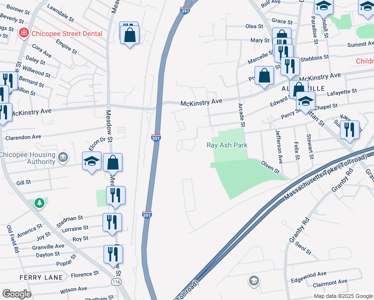 map of restaurants, bars, coffee shops, grocery stores, and more near Lambert Terrace in Chicopee