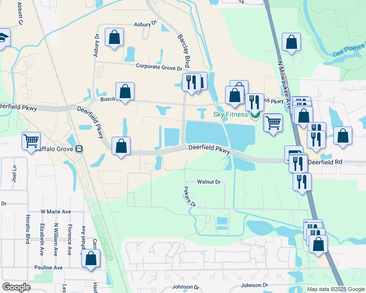 map of restaurants, bars, coffee shops, grocery stores, and more near 1222 Deerfield Parkway in Buffalo Grove