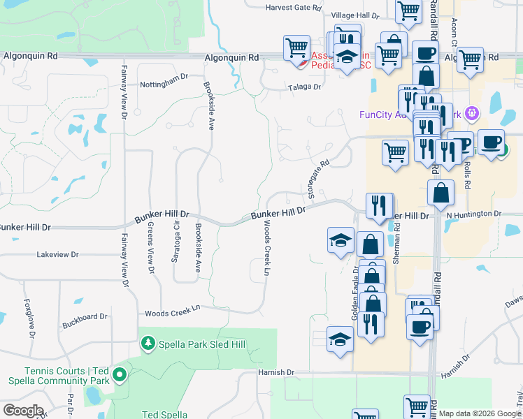 map of restaurants, bars, coffee shops, grocery stores, and more near 611 Woods Creek Lane in Algonquin
