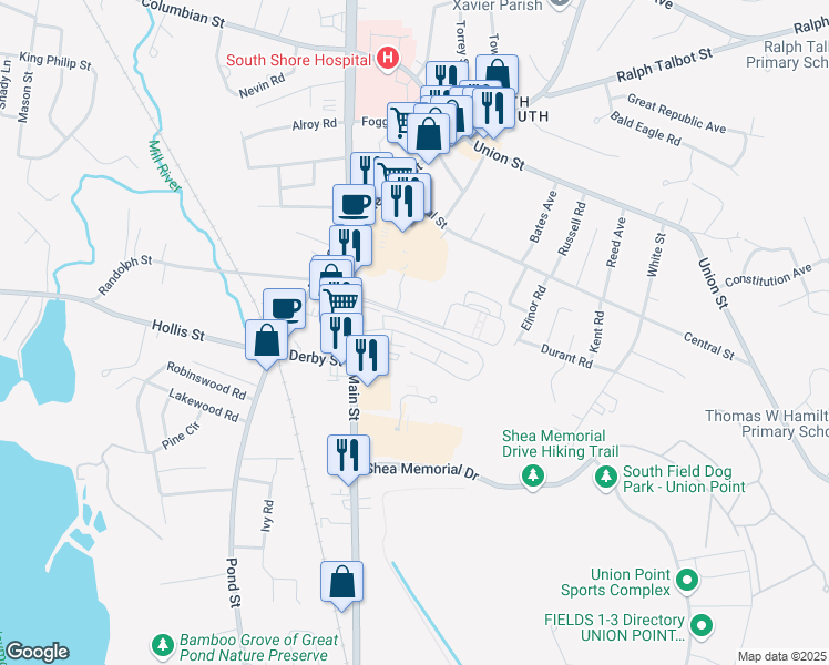 map of restaurants, bars, coffee shops, grocery stores, and more near 100 Fountain Lane in Weymouth
