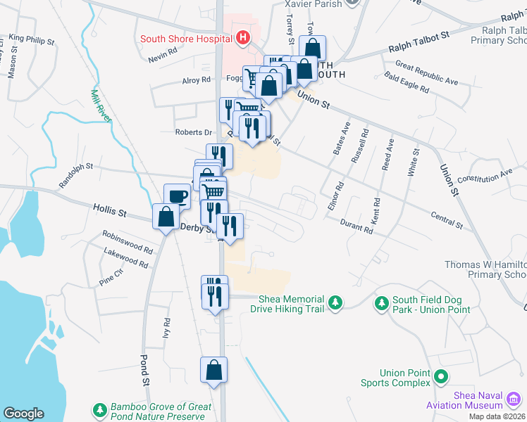 map of restaurants, bars, coffee shops, grocery stores, and more near 65 Fountain Lane in Weymouth