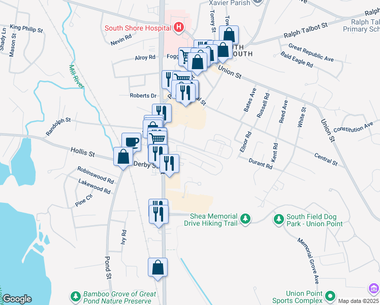 map of restaurants, bars, coffee shops, grocery stores, and more near 65 Fountain Lane in Weymouth