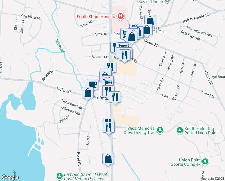 map of restaurants, bars, coffee shops, grocery stores, and more near 1068 Main Street in Weymouth