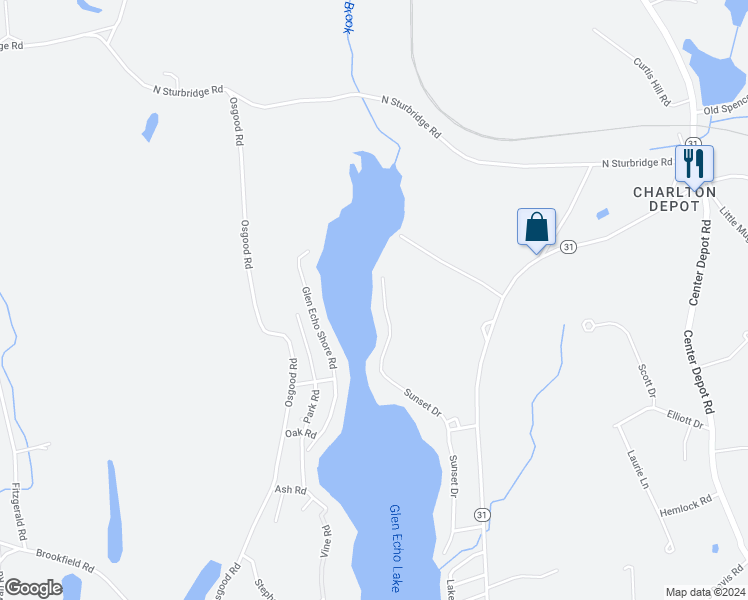 map of restaurants, bars, coffee shops, grocery stores, and more near 199 Sunset Drive in Charlton