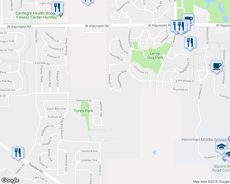 map of restaurants, bars, coffee shops, grocery stores, and more near 371 Warwick Lane in Lake in the Hills