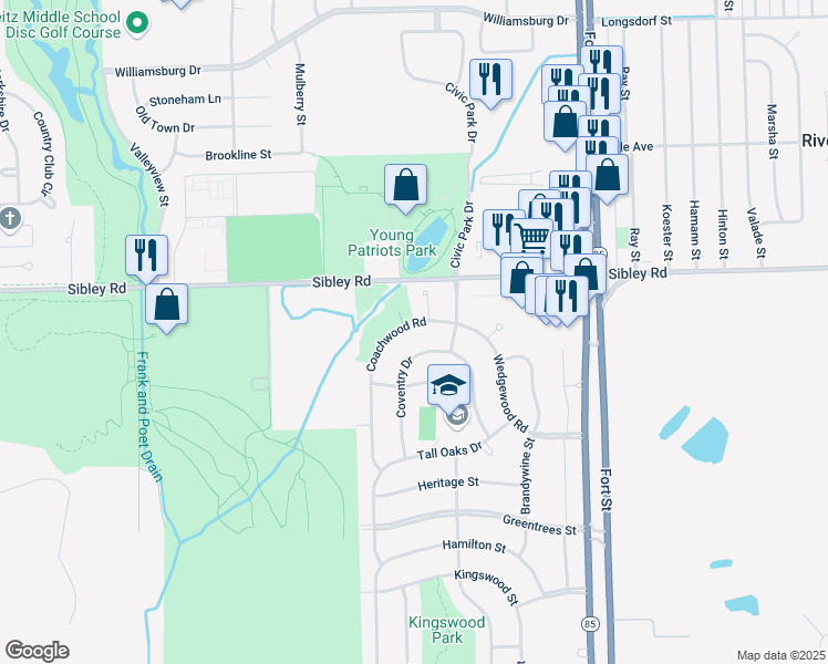 map of restaurants, bars, coffee shops, grocery stores, and more near 19280 Coventry Drive in Riverview