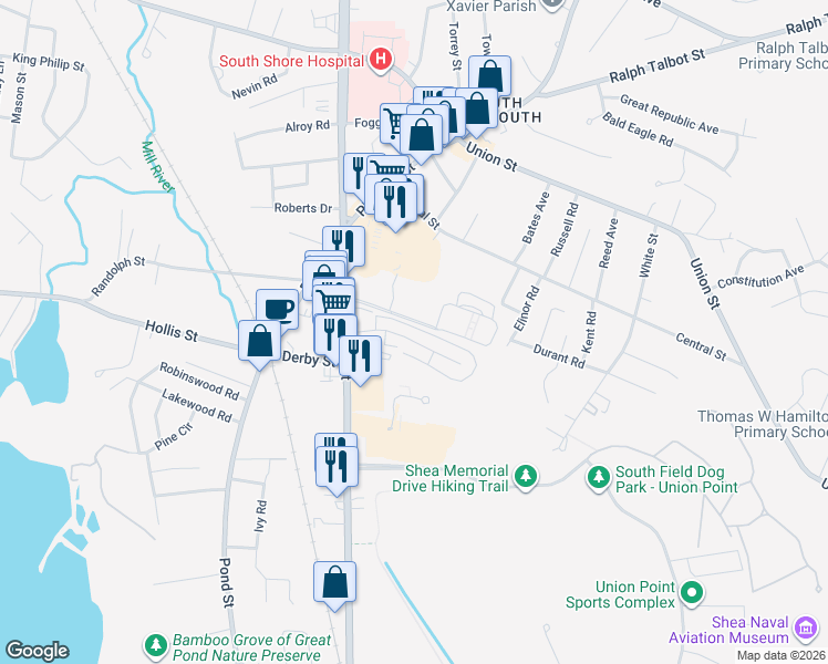 map of restaurants, bars, coffee shops, grocery stores, and more near 65 Fountain Lane in Weymouth