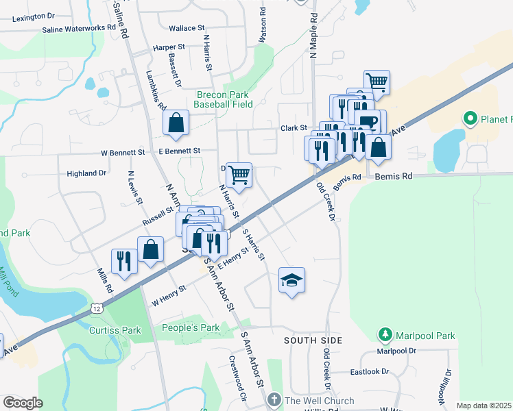 map of restaurants, bars, coffee shops, grocery stores, and more near 211 East Michigan Avenue in Saline