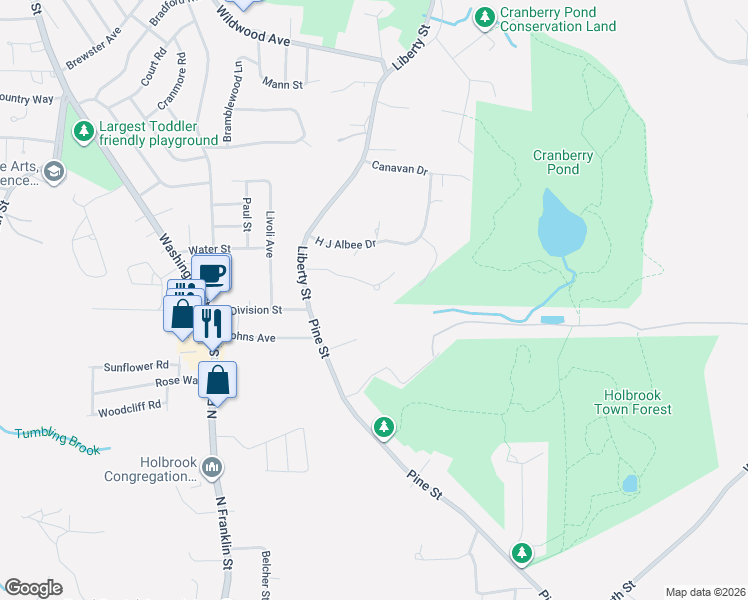 map of restaurants, bars, coffee shops, grocery stores, and more near 16 Martin Lane in Holbrook