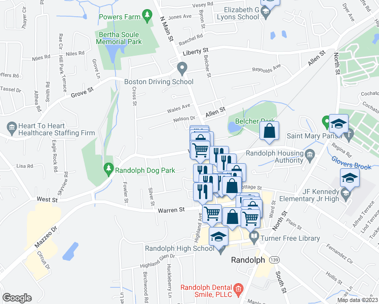 map of restaurants, bars, coffee shops, grocery stores, and more near 42 West Street in Randolph