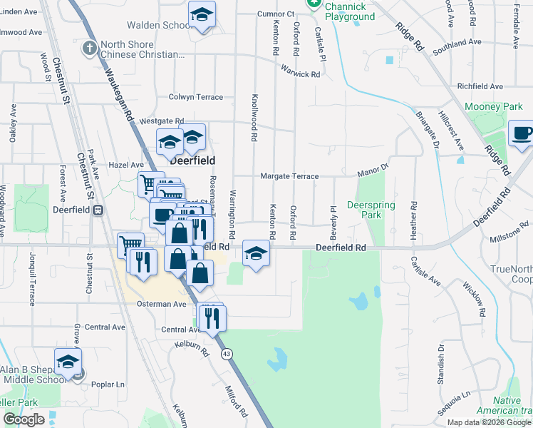 map of restaurants, bars, coffee shops, grocery stores, and more near 912 Kenton Road in Deerfield
