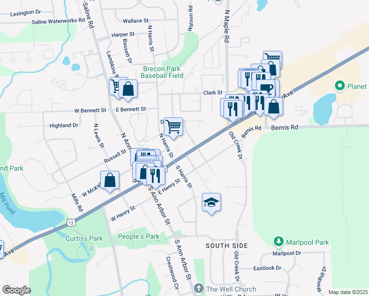 map of restaurants, bars, coffee shops, grocery stores, and more near 211 East Michigan Avenue in Saline