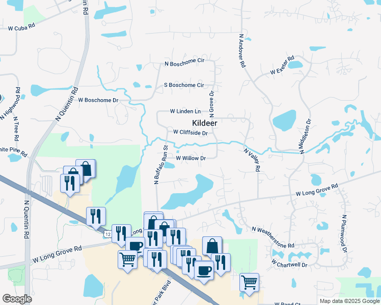 map of restaurants, bars, coffee shops, grocery stores, and more near 21245 West Cliffside Drive in Kildeer