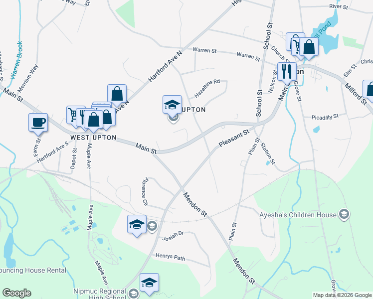 map of restaurants, bars, coffee shops, grocery stores, and more near 73 Main Street in Upton