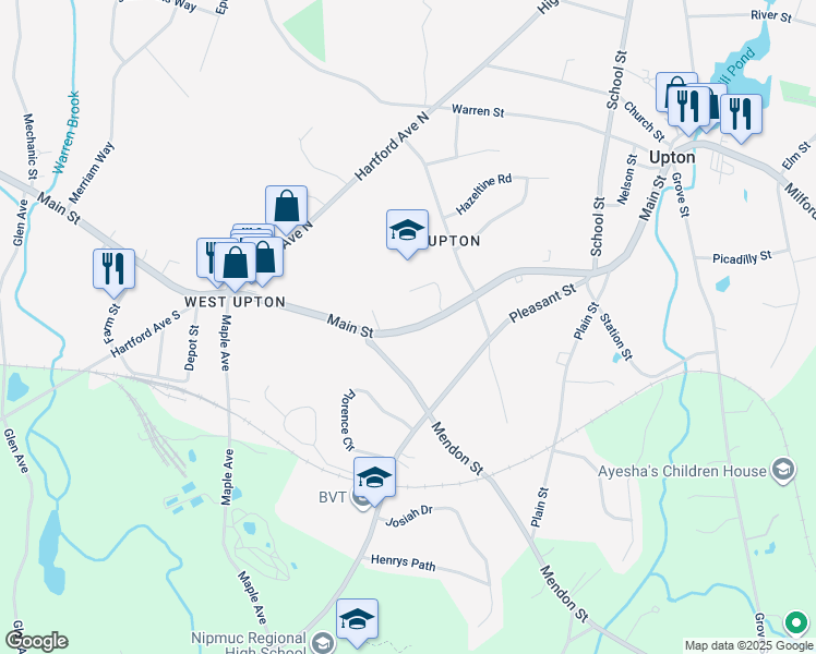 map of restaurants, bars, coffee shops, grocery stores, and more near 77 Massachusetts 140 in Upton