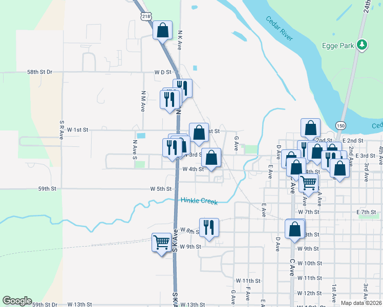 map of restaurants, bars, coffee shops, grocery stores, and more near 210 South K Avenue in Vinton