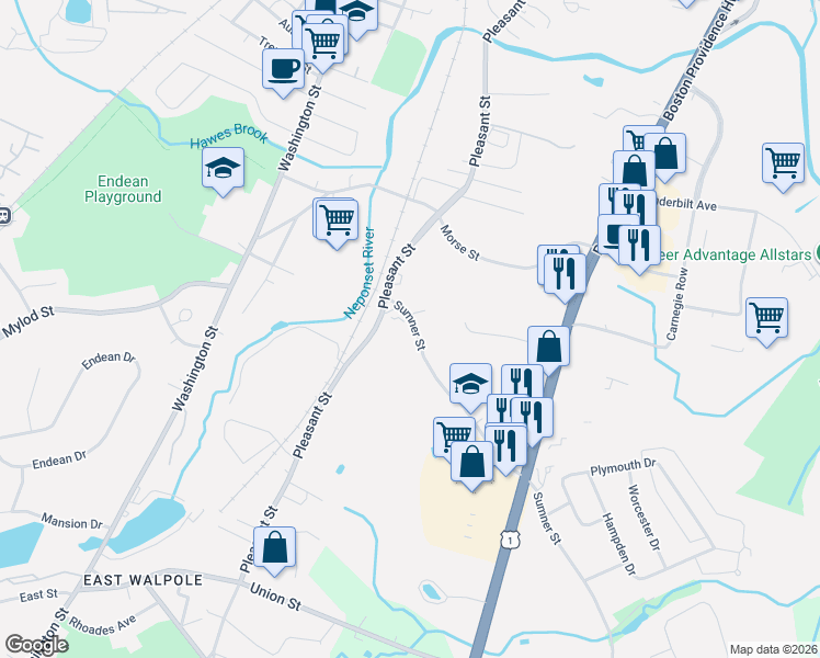 map of restaurants, bars, coffee shops, grocery stores, and more near 33 Sumner Street in Norwood