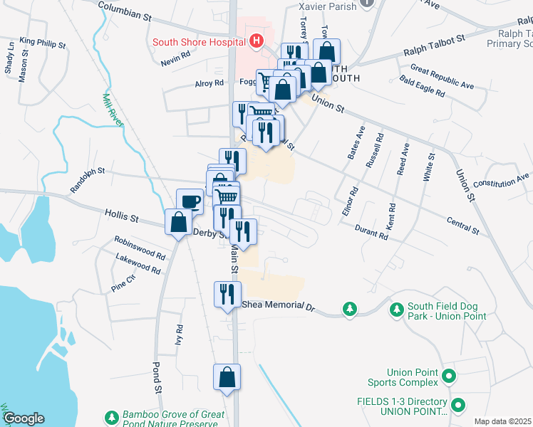 map of restaurants, bars, coffee shops, grocery stores, and more near 80 Fountain Lane in Weymouth