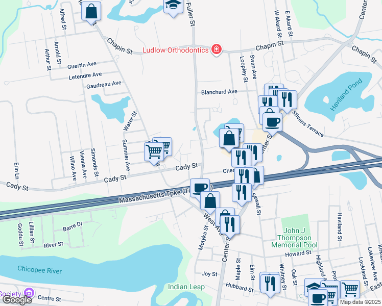 map of restaurants, bars, coffee shops, grocery stores, and more near Waters Edge Drive in Ludlow
