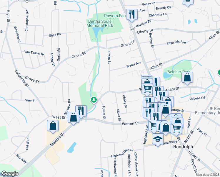 map of restaurants, bars, coffee shops, grocery stores, and more near 9 Cross Street in Randolph