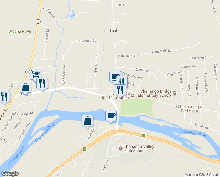 map of restaurants, bars, coffee shops, grocery stores, and more near Main Street & Cushman Boulevard in Broome County
