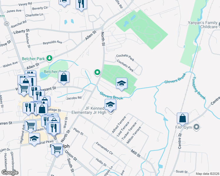 map of restaurants, bars, coffee shops, grocery stores, and more near 22 Seton Way in Randolph