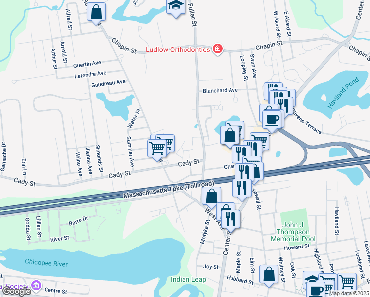 map of restaurants, bars, coffee shops, grocery stores, and more near 25 Waters Edge Drive in Ludlow