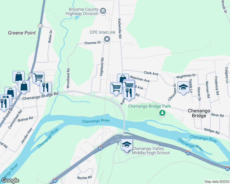 map of restaurants, bars, coffee shops, grocery stores, and more near in Chenango Bridge