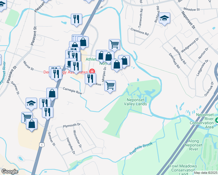 map of restaurants, bars, coffee shops, grocery stores, and more near 140 Morgan Drive in Norwood