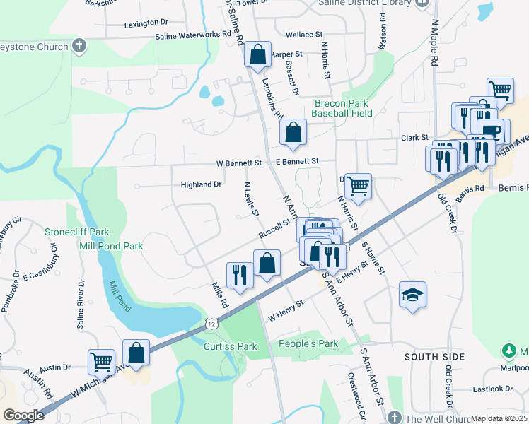 map of restaurants, bars, coffee shops, grocery stores, and more near 313 North Ann Arbor Street in Saline