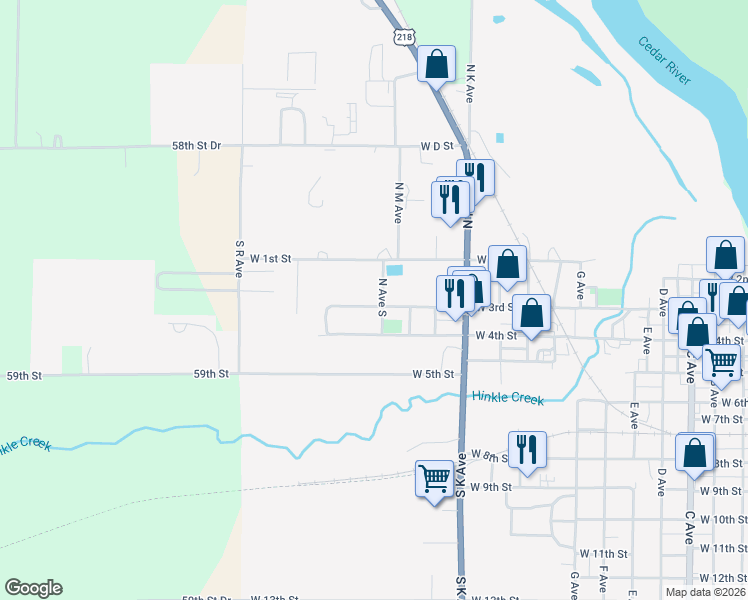 map of restaurants, bars, coffee shops, grocery stores, and more near 1603 West 1st Street in Vinton