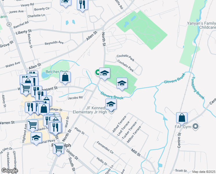 map of restaurants, bars, coffee shops, grocery stores, and more near 22 Seton Way in Randolph