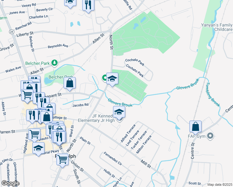 map of restaurants, bars, coffee shops, grocery stores, and more near 22 Seton Way in Randolph