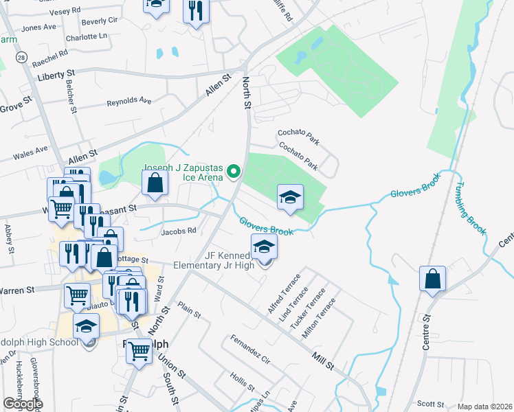 map of restaurants, bars, coffee shops, grocery stores, and more near 22 Seton Way in Randolph