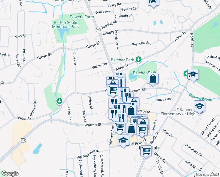 map of restaurants, bars, coffee shops, grocery stores, and more near 31 West Street in Randolph