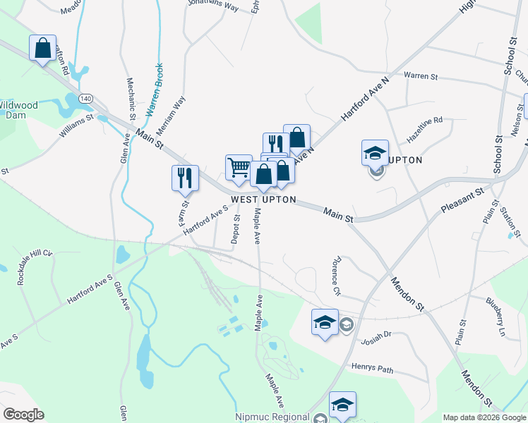 map of restaurants, bars, coffee shops, grocery stores, and more near in Upton