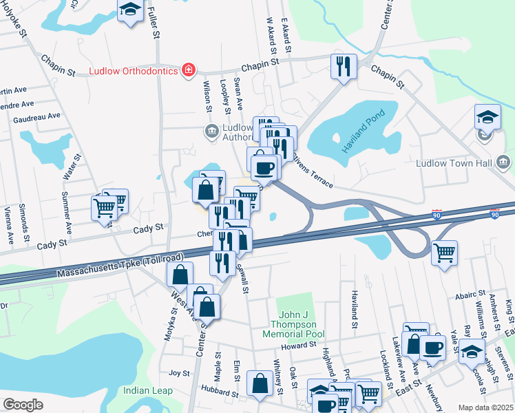 map of restaurants, bars, coffee shops, grocery stores, and more near 456-468 Center St in Ludlow