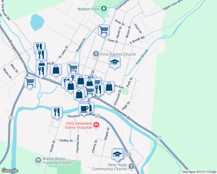 map of restaurants, bars, coffee shops, grocery stores, and more near 17 Benton Avenue in Walton