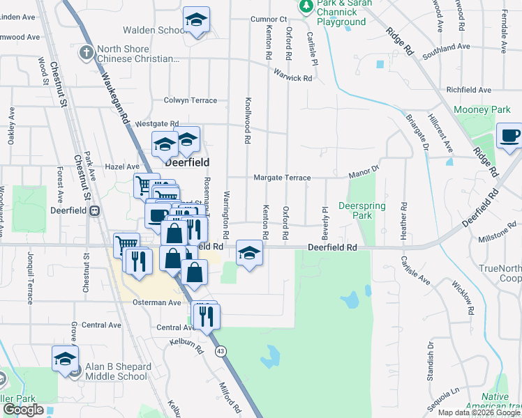 map of restaurants, bars, coffee shops, grocery stores, and more near 912 Kenton Road in Deerfield