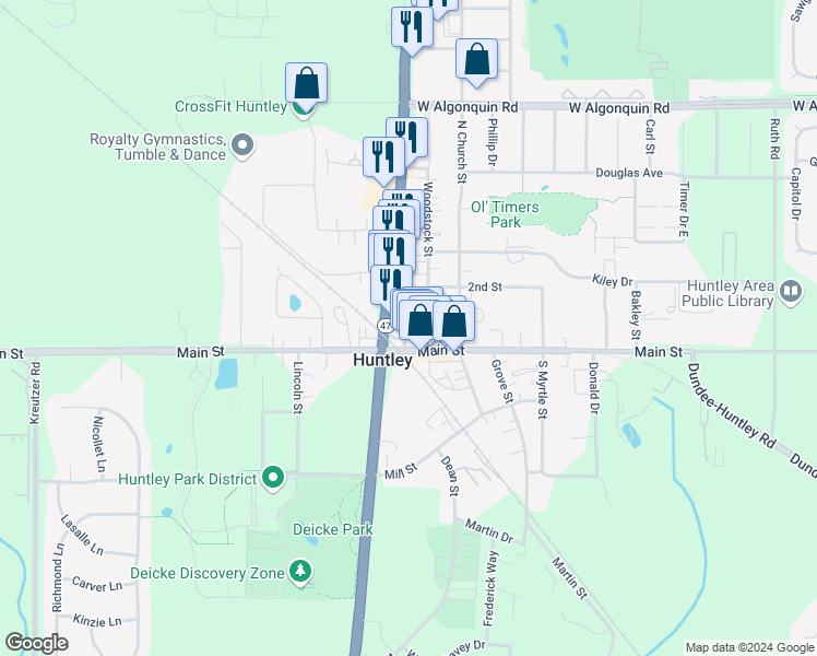 map of restaurants, bars, coffee shops, grocery stores, and more near 11007 Woodstock Street in Huntley