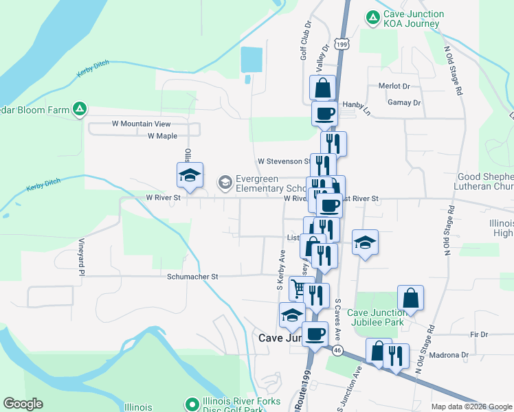 map of restaurants, bars, coffee shops, grocery stores, and more near 410 West River Street in Cave Junction