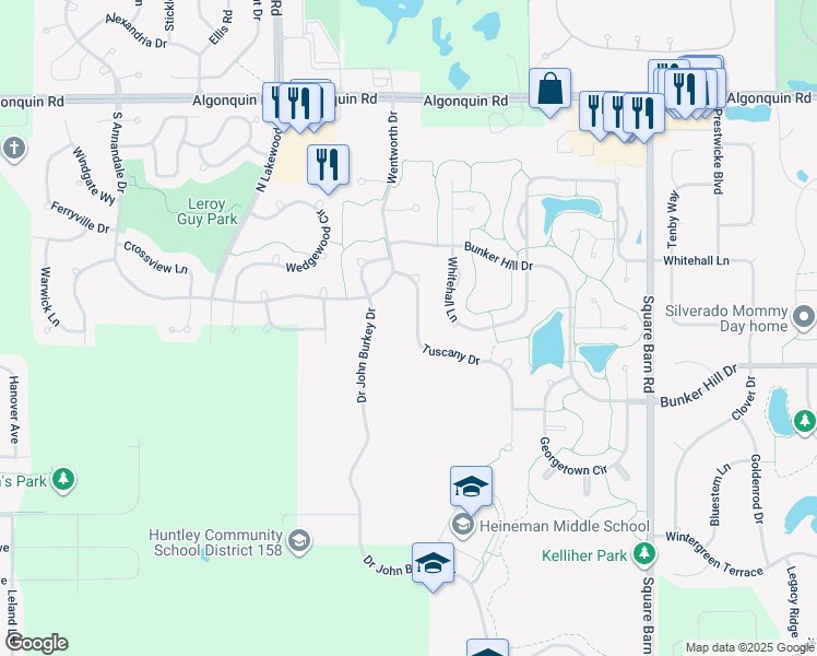 map of restaurants, bars, coffee shops, grocery stores, and more near 480 Tuscany Drive in Algonquin