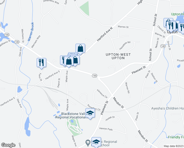 map of restaurants, bars, coffee shops, grocery stores, and more near 93 Massachusetts 140 in Upton