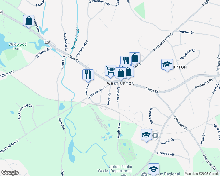map of restaurants, bars, coffee shops, grocery stores, and more near 3 Depot Street in Upton